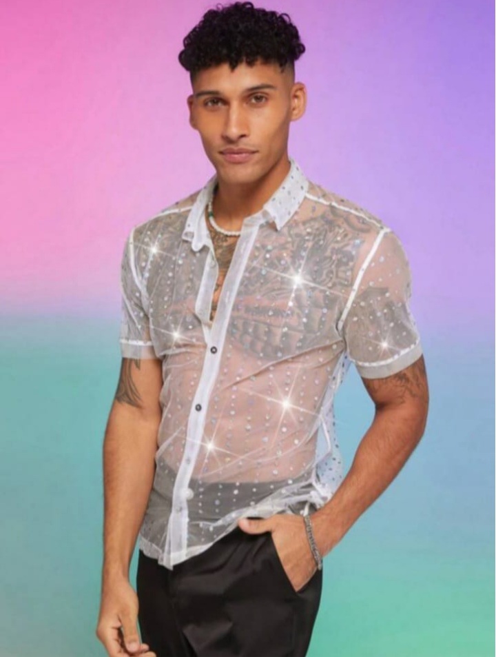 Men's Knitted With Rhinestone Design Slim Fit Short Sleeve Shirt